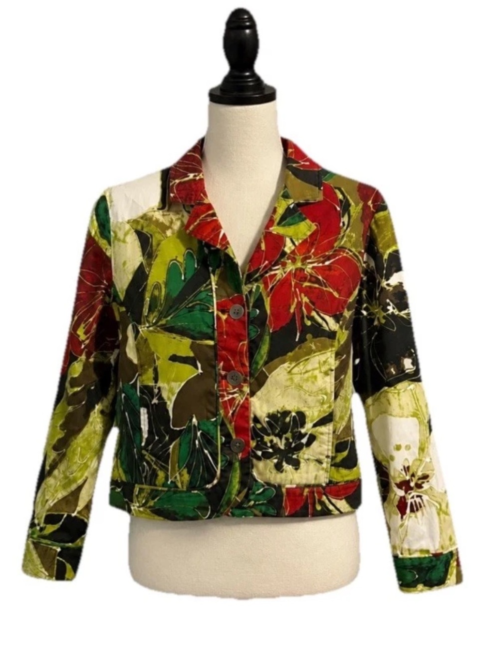 Chico's Floral-Print Button Jacket in Red, Green, Black & Cream